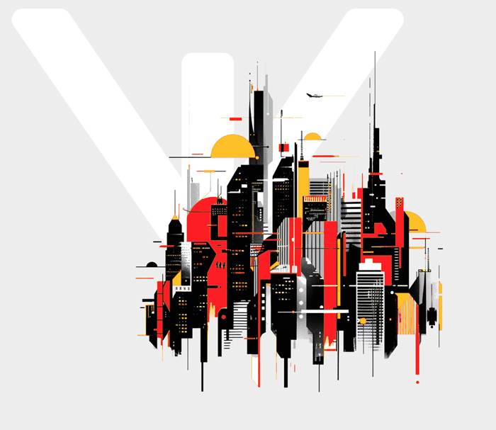 Home 20 Abstract illustration of a city skyline with geomatric shapes and bold colors, including red, yellow, and black, on a light gray background. An airplane is visible in the sky, hinting at advances like AI-powered video seacrh capturing its flight.